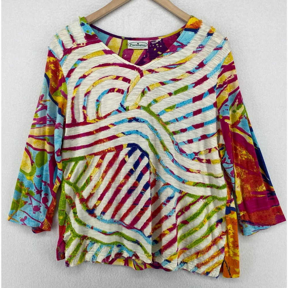 PATCHINGTON Top L Boho Abstract Cut Out Lagenlook V-Neck 3/4 Sleeve Blue Purple